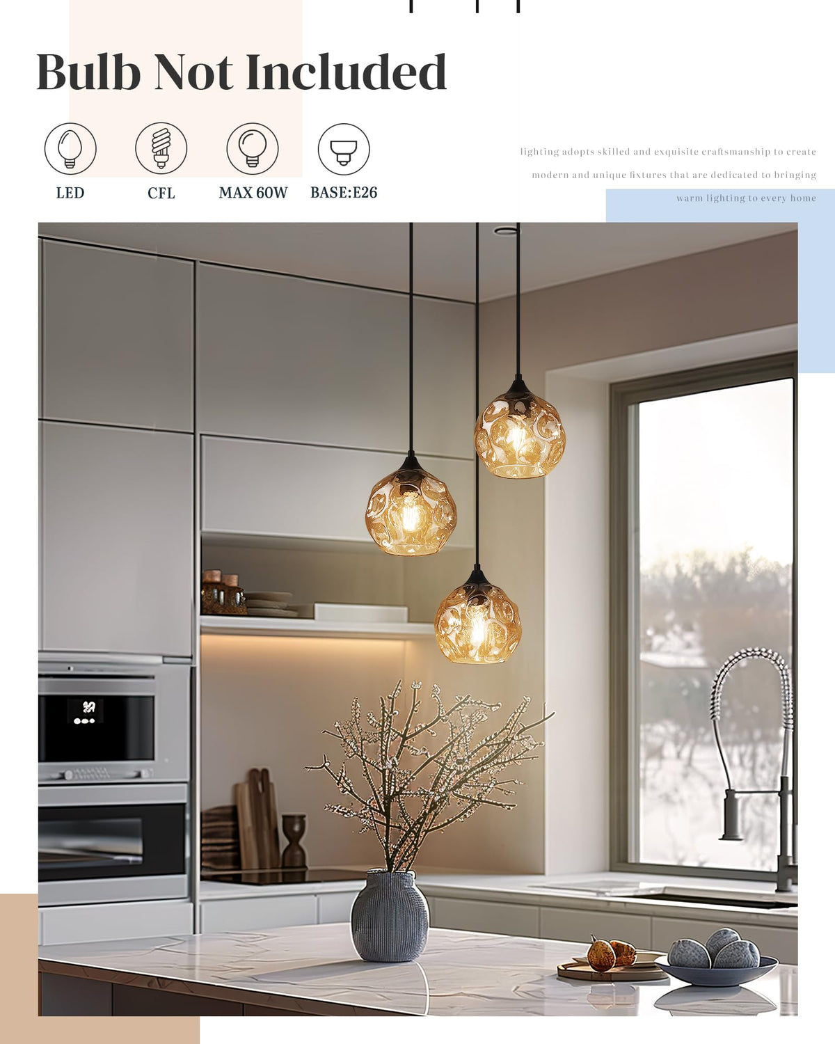 Cluster Pendant Lamp with Hammered Glass, Linear Barn Hanging Pendant Lighting in Amber Finish, DYE287G2-3 BK