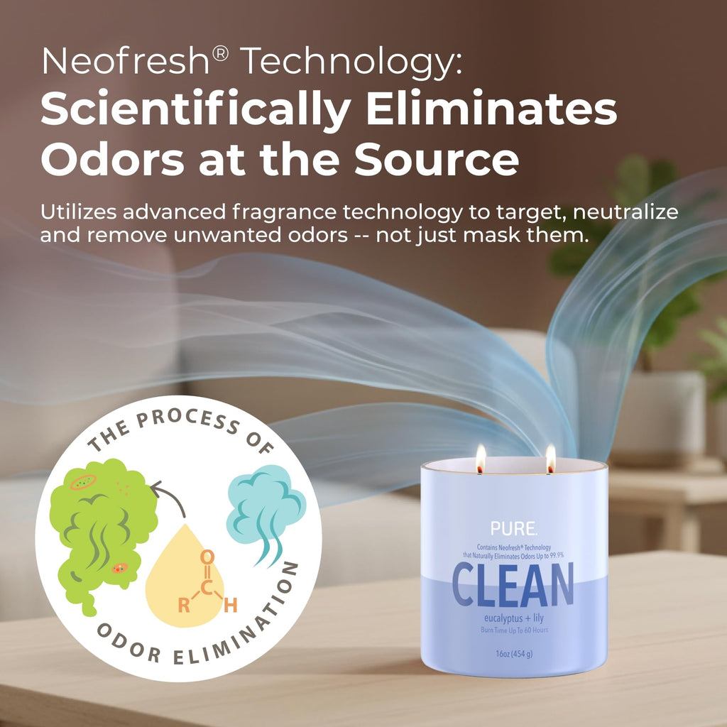 Pure Eucalyptus & Lily Odor Eliminating Scented Candles, Neofresh Technology Eliminates 99.9% of Odors, 16 oz 2-Wick