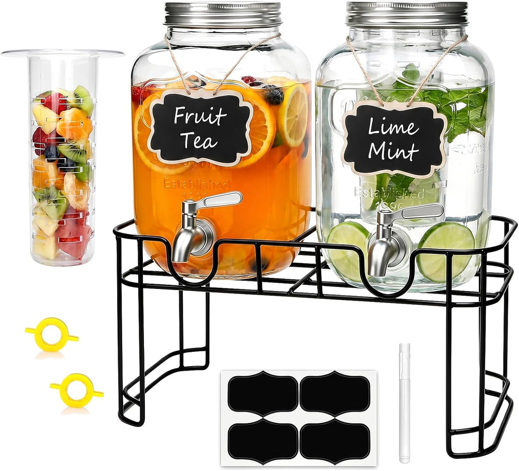 1-Gallon Drink Dispenser,2 Pack Glass Drink Dispenser with Tin Lid - Set of 2