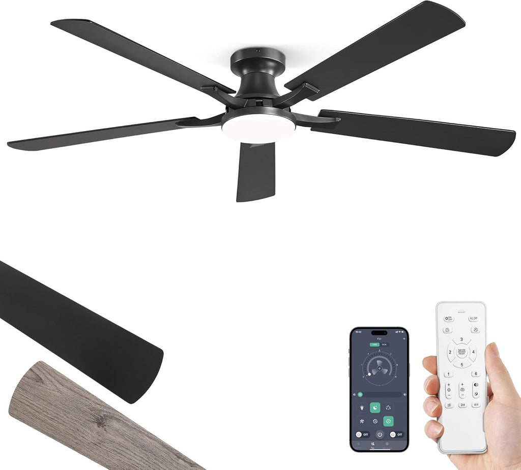 60" Black Flush Mount Ceiling Fan with Light & Remote