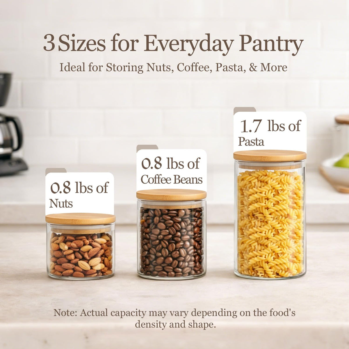 Glass Storage Containers with Lids, Set of 6 Jars (0.6Qt/1Qt/1.5Qt)