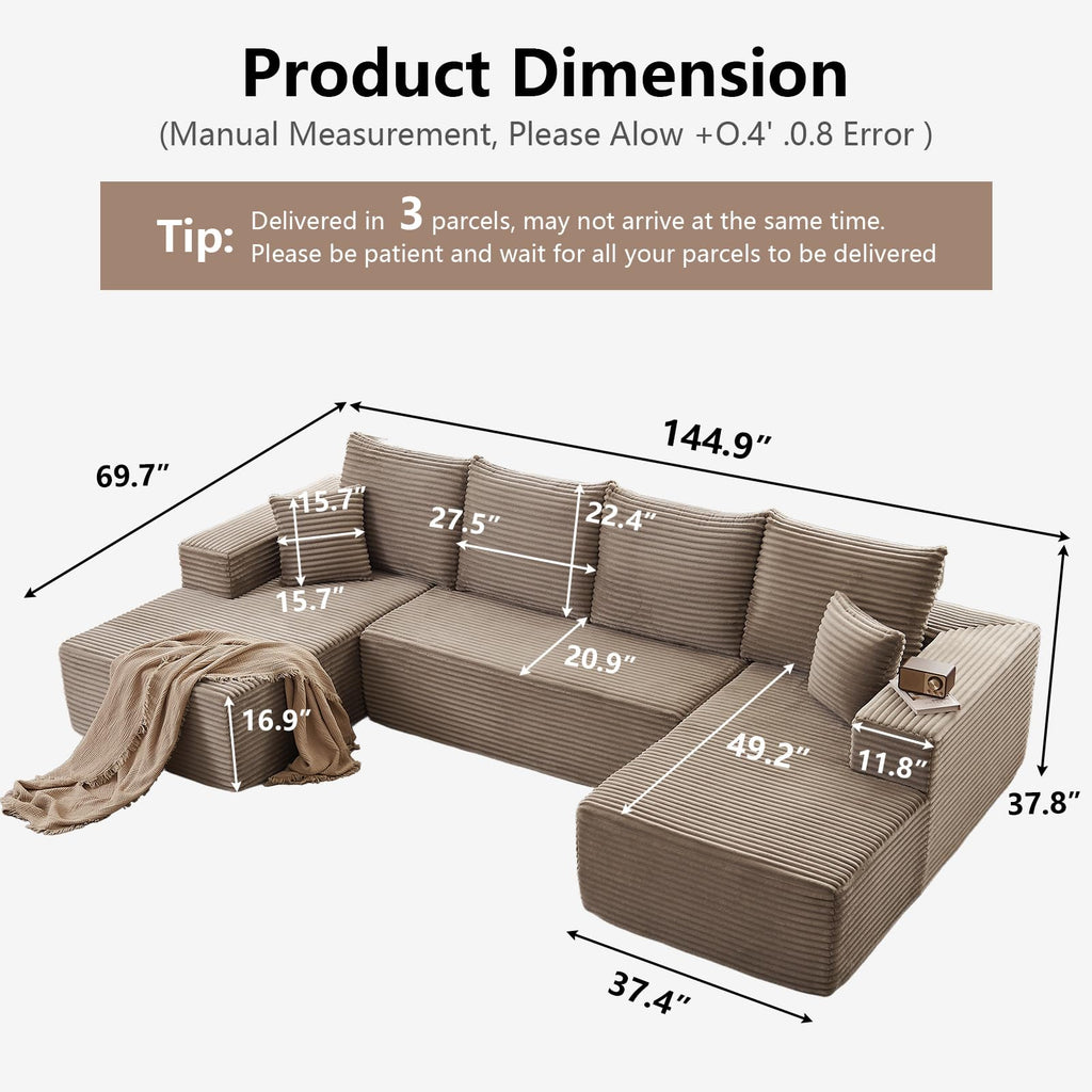 Cloud Sectional Boneless Couch U Shaped, Comfy Corduroy Modular Sectional Couches, 4 Seater Deep Seat Memory Foam