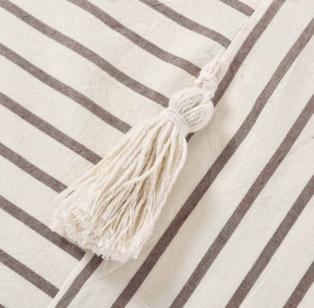 Taupe and Beige Stripe Patchwork Cotton Tassel, Farmhouse, Country Rustic and Cute Style, 72 x 72 in