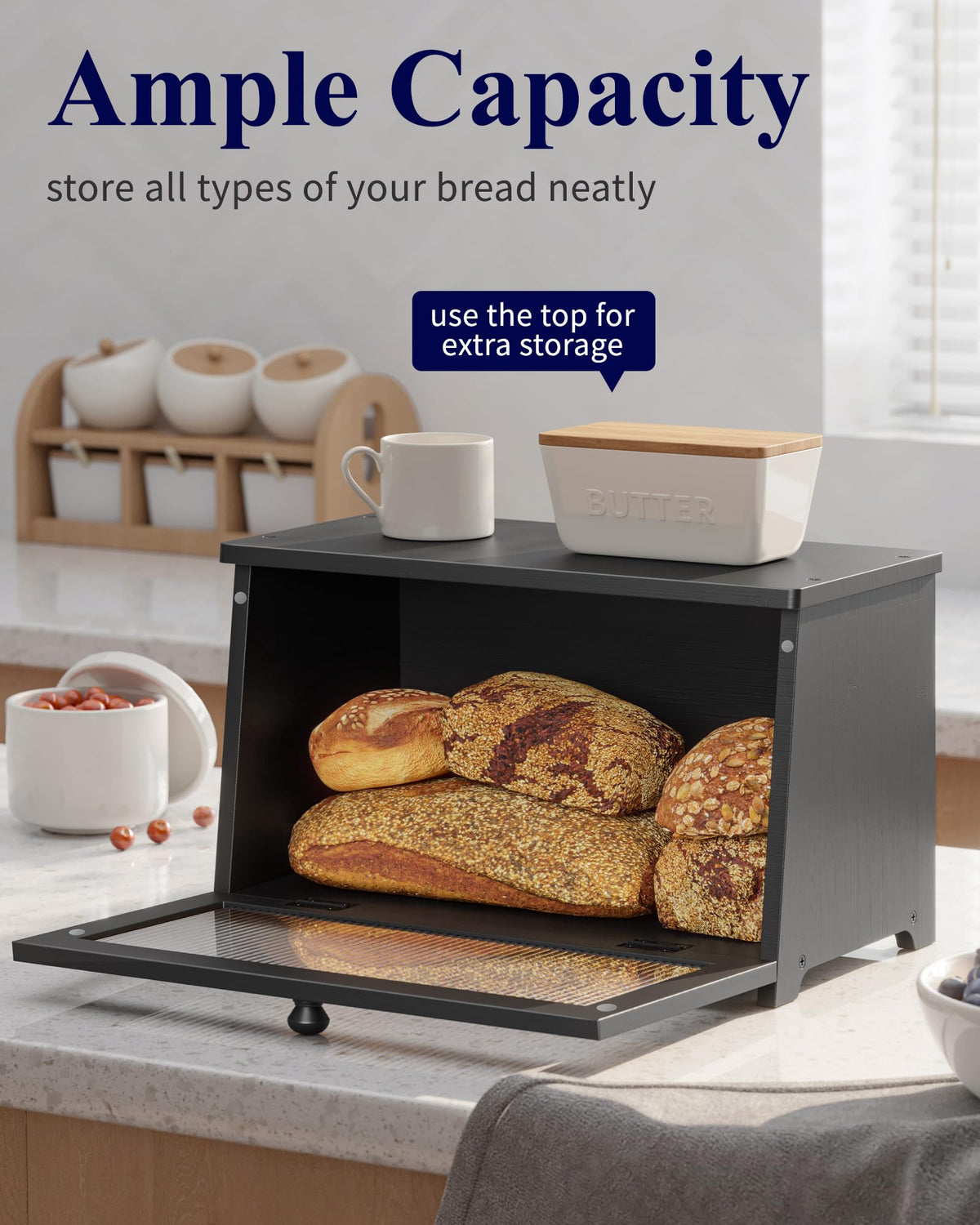 Bread Box - Wooden Countertop, 1-Tier, Black
