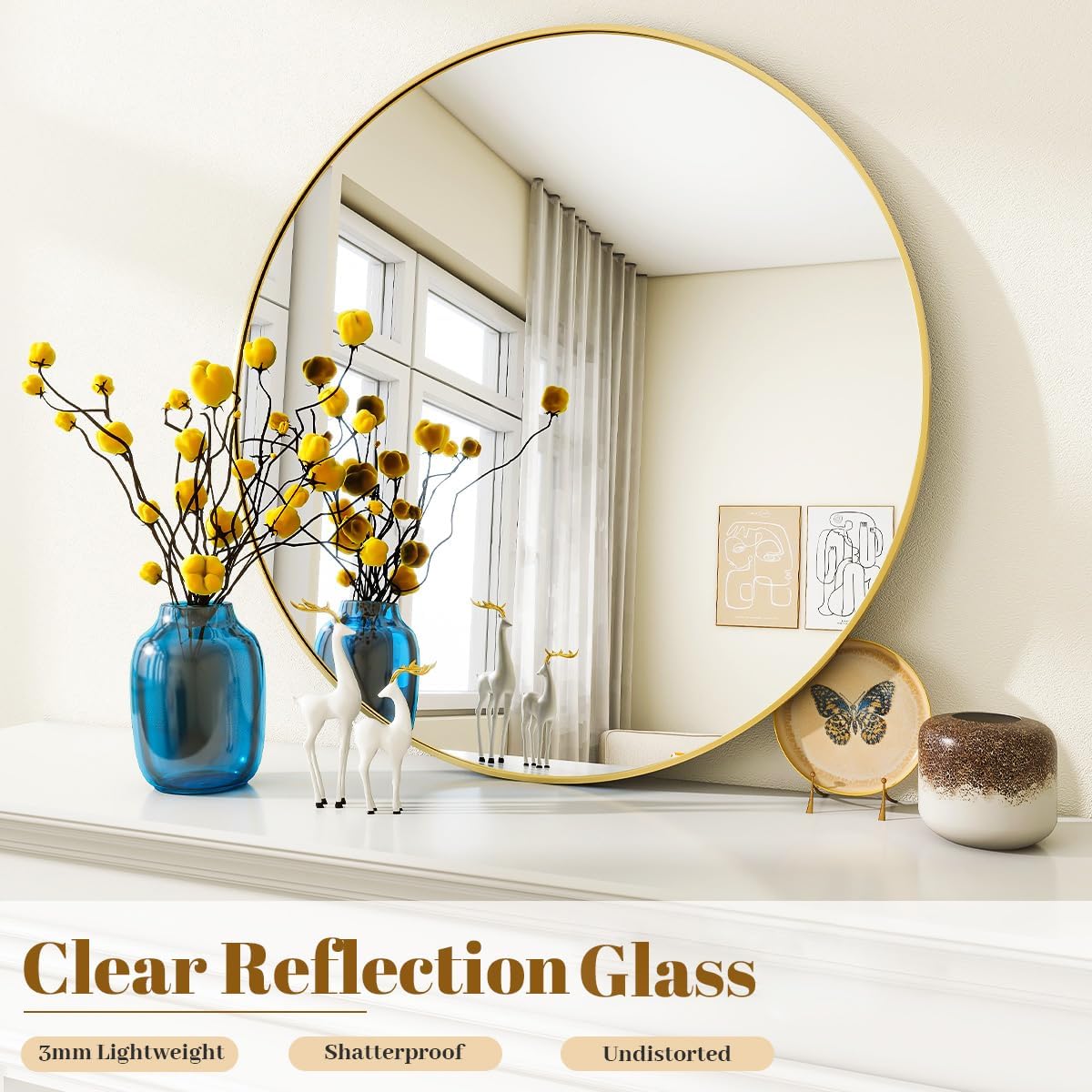 Gold Round Bathroom Mirror 24", Thin Metal Frame Wall Mirror
