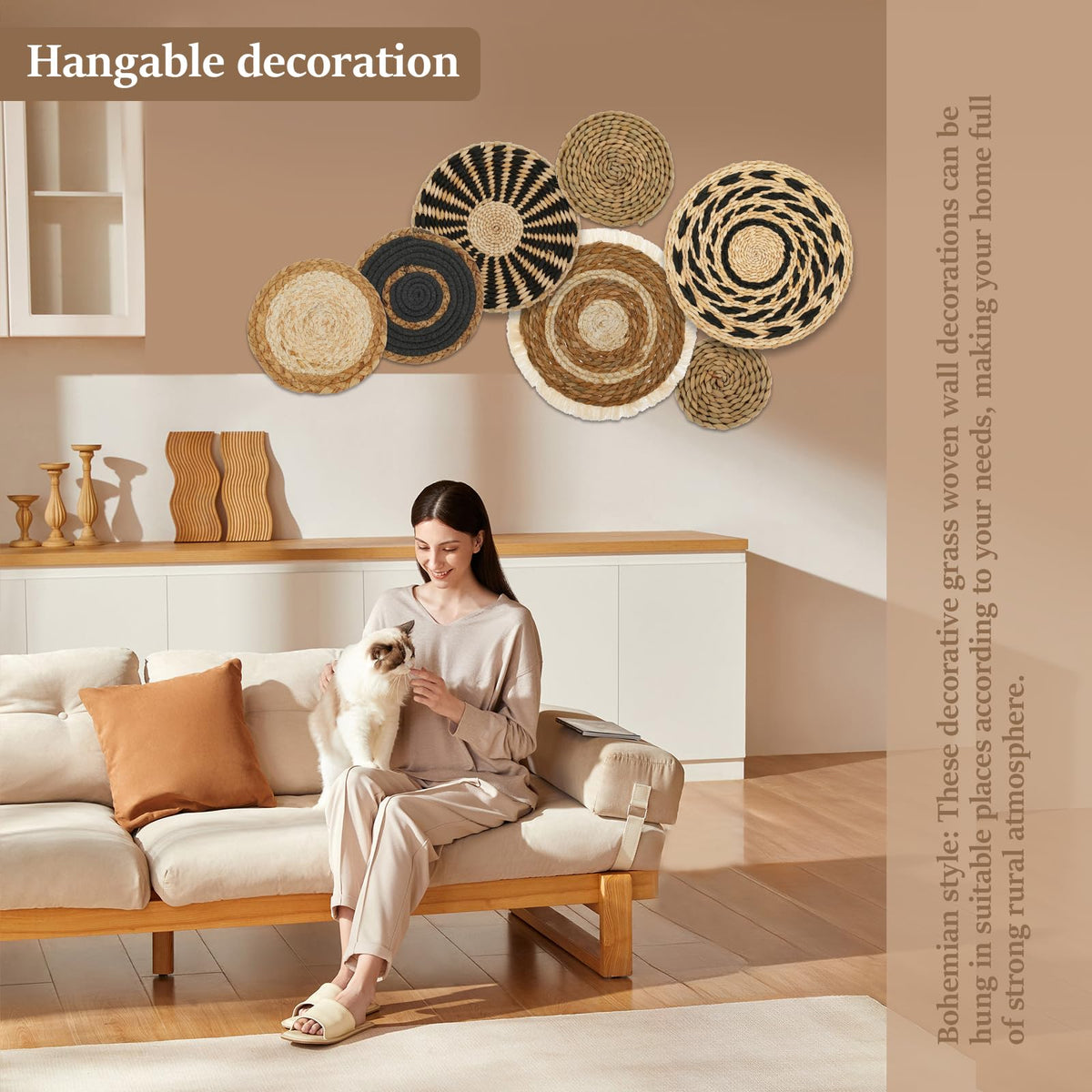 7 Pack Boho Wall Basket Set, Hanging Woven Seagrass Rattan Wicker Decor, Round Art for Farmhouse Bedroom Living Room
