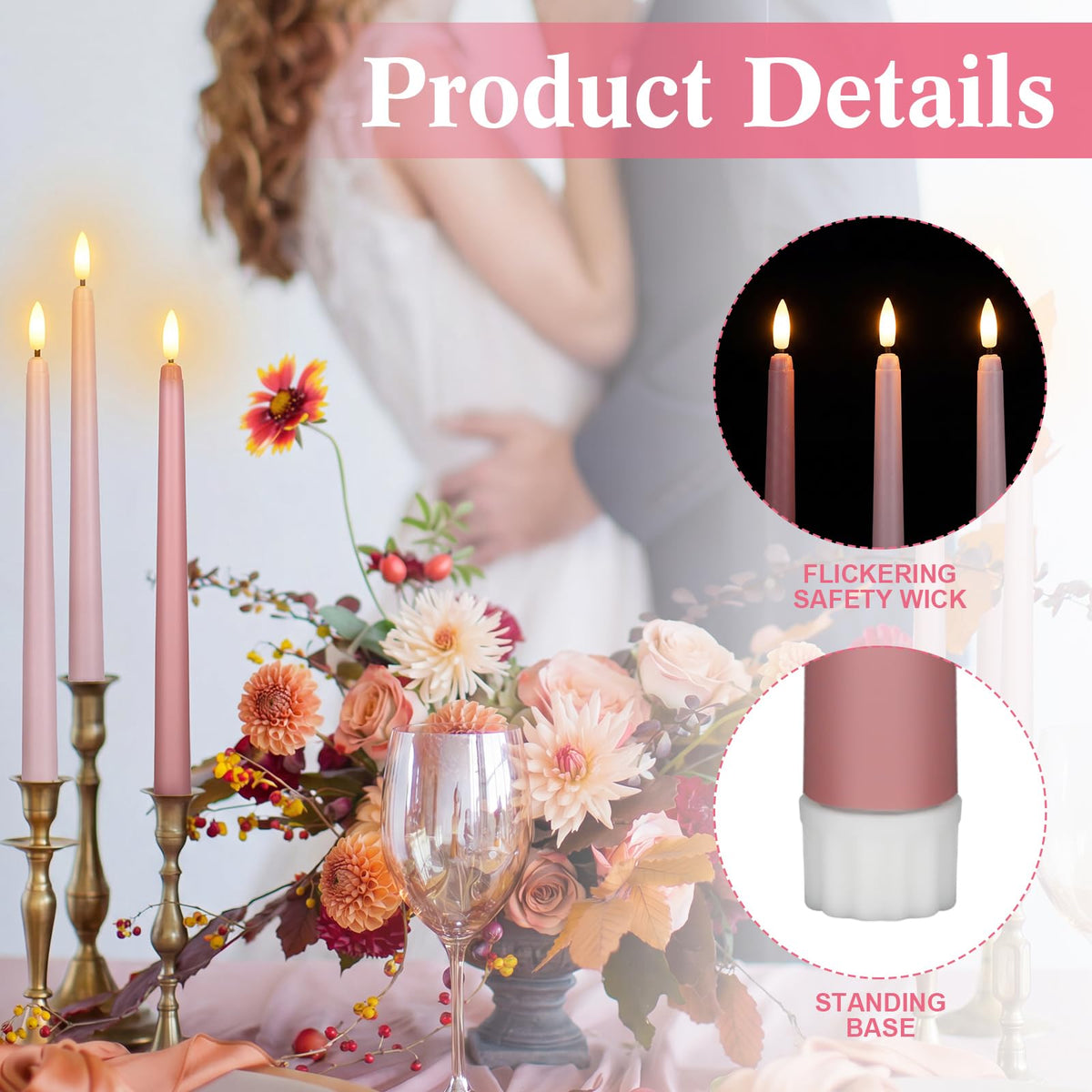 24 Packs Flameless Taper Candles Battery LED 11", Light Pink