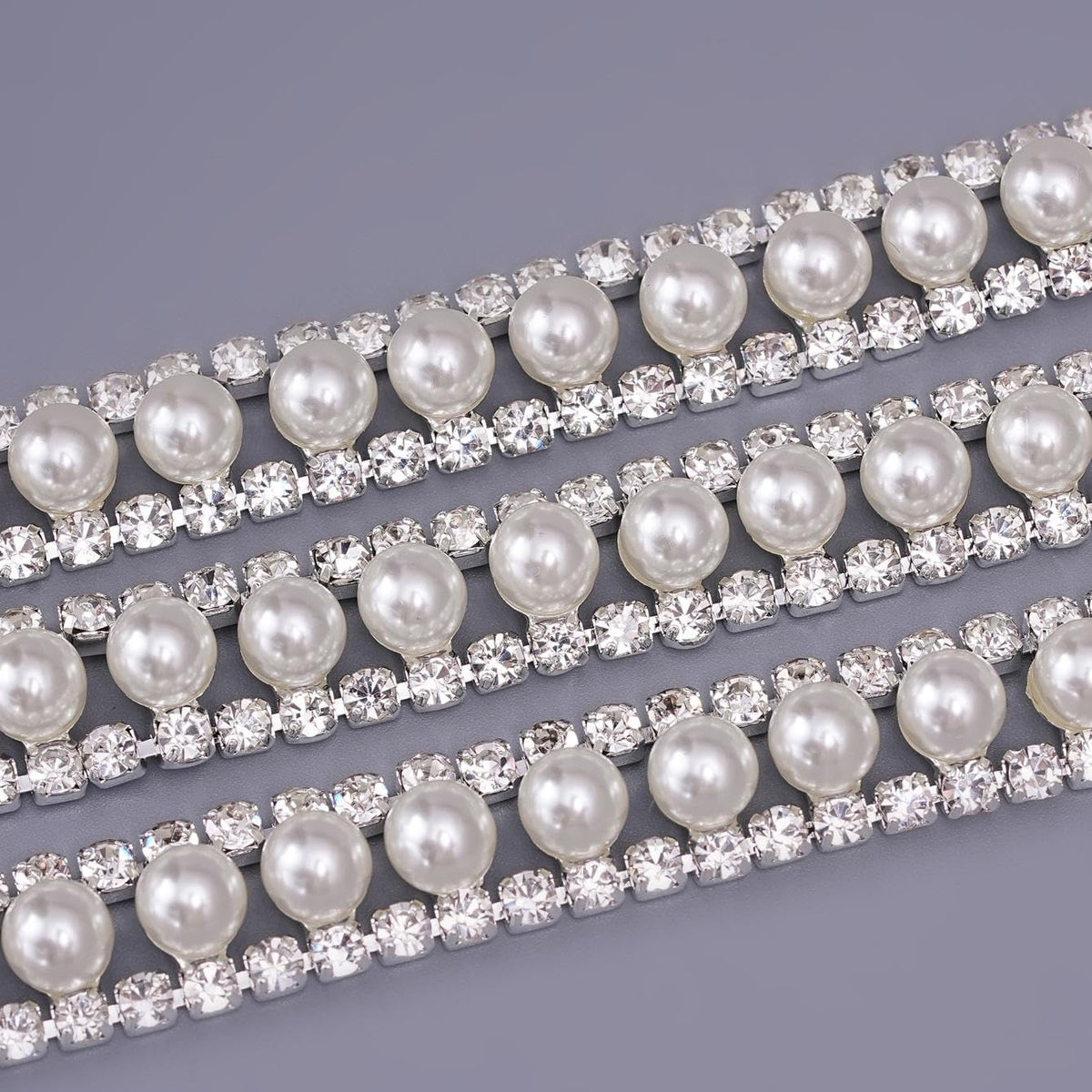 2 Rows Rhinestone Trim, Crystal Chain Inlaid White Pearl Beaded - 2 Yard