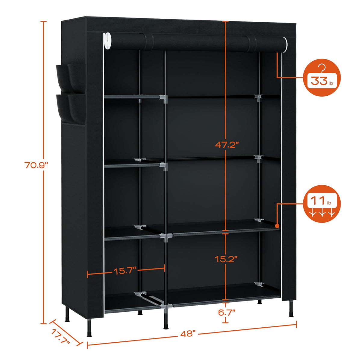 Portable Closet, 48 Inch Large Capacity Wardrobe Closet, Clothes Storage Organizer with Shelves and Hanging Rod, Easy