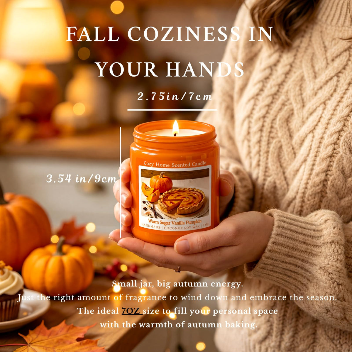 7OZ Warm Vanilla Pumpkin Fall Scented Candle, Natural Coconut Soy Wax Fall Candles with Mild Bakery Notes, Nostalgic