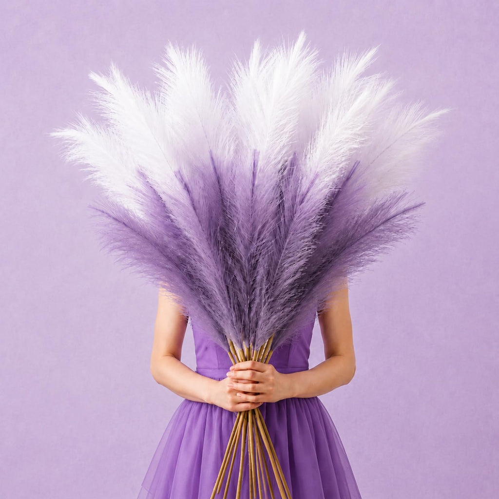 Artificial Pampas Grass, 9 Pcs 45" Mixed Color White & Lavender Purple