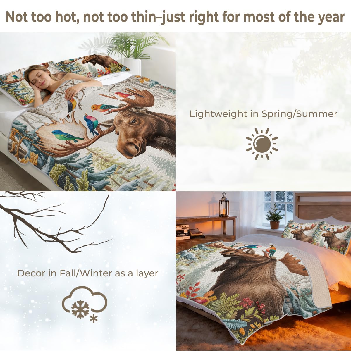 Moose Hummingbird Quilt Set 2 Pieces Woodland Bedding Rustic Cabin Bedspread with 1 Pillowcase Forest Animal