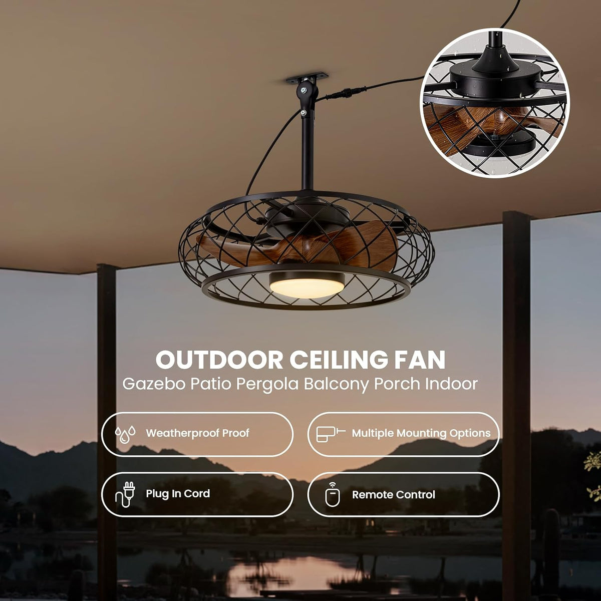 20" Outdoor Ceiling Fan with Light & Remote