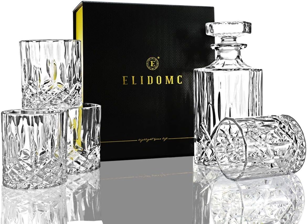 Italian Crafted Crystal Whiskey Decanter & Whiskey Glasses Set, Crystal Decanter Set With 4 Whiskey Glasses - Set of 5