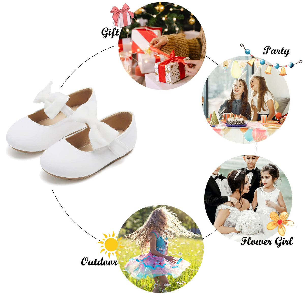 Toddler Flower Girl Dress Shoes - Girl Ballet Mary Jane Flats White Party School Wedding