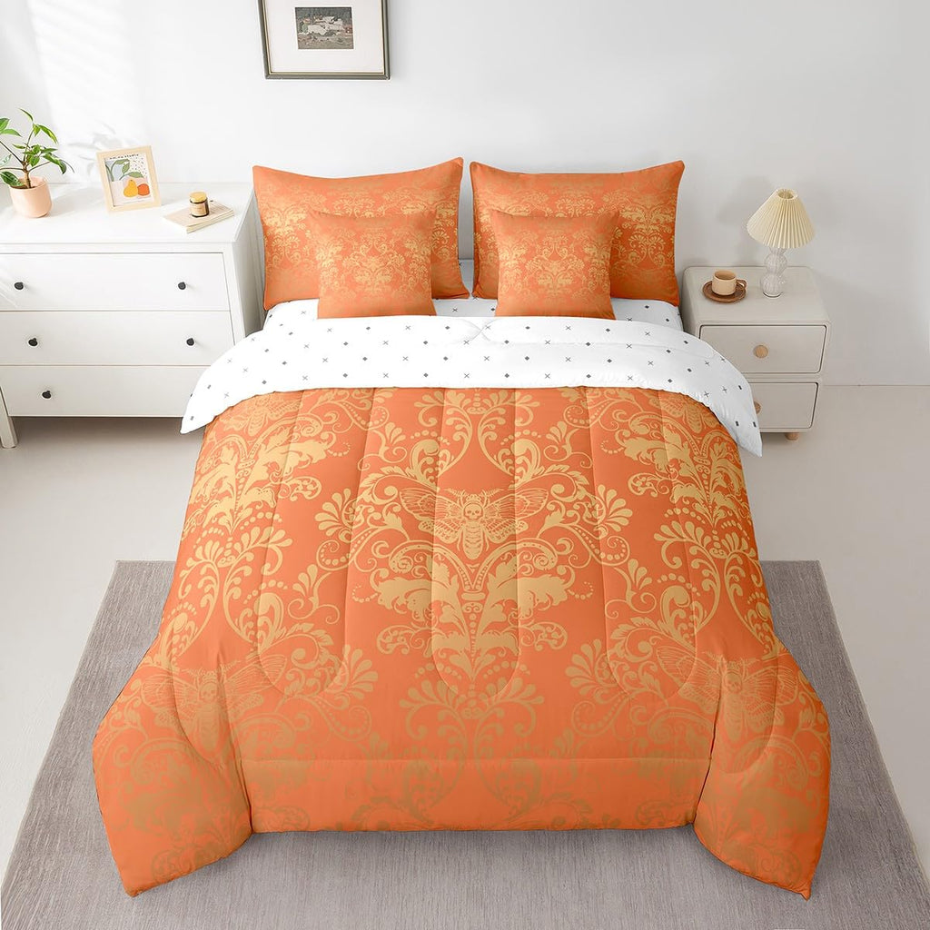 Gothic Damask 7 Piece Comforter Set Full Bed in a Bag, Exotic Moth Bedding Sets Orange and Yellow Victorian Floral