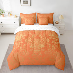 Gothic Damask 7 Piece Comforter Set Full Bed in a Bag, Exotic Moth Bedding Sets Orange and Yellow Victorian Floral