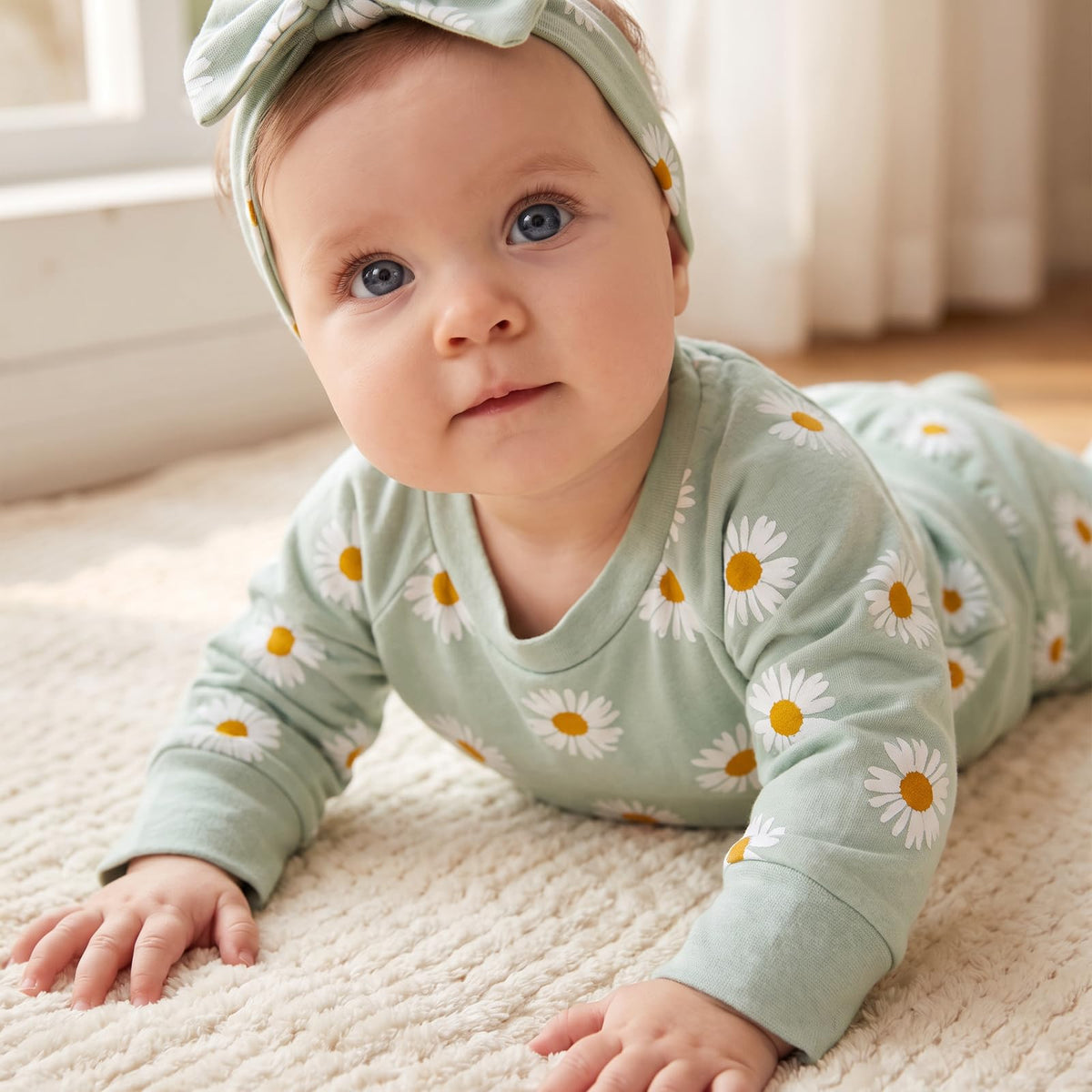 3Pcs Baby Girl Outfits Daisy Sweatshirt + Pants + Headband Infant Fall Winter Clothes Green