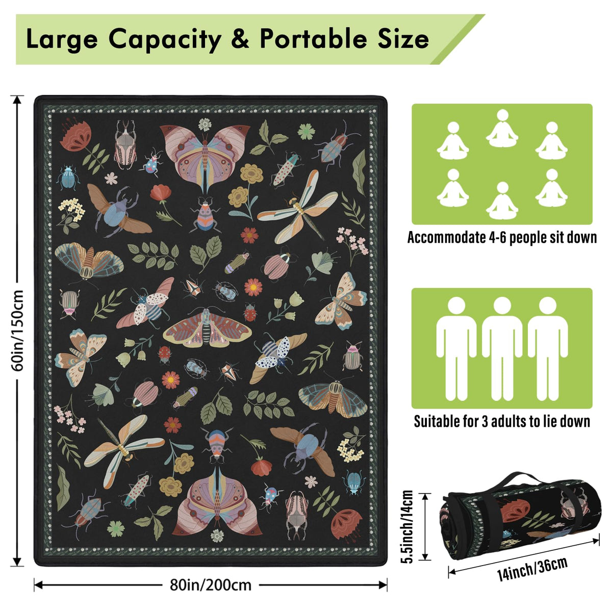 Insect Picnic Blankets Waterproof Foldable, 60′′X80′′ Packable Picnic Mat Boho Outdoor Blanket for Grass, Large Beach