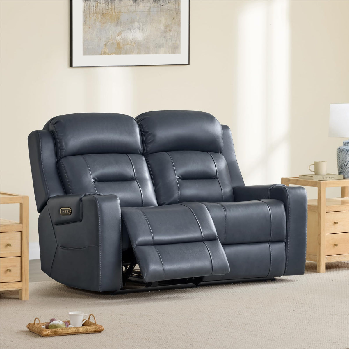Genuine Leather Lay Flat Power Reclining Loveseat, Navy