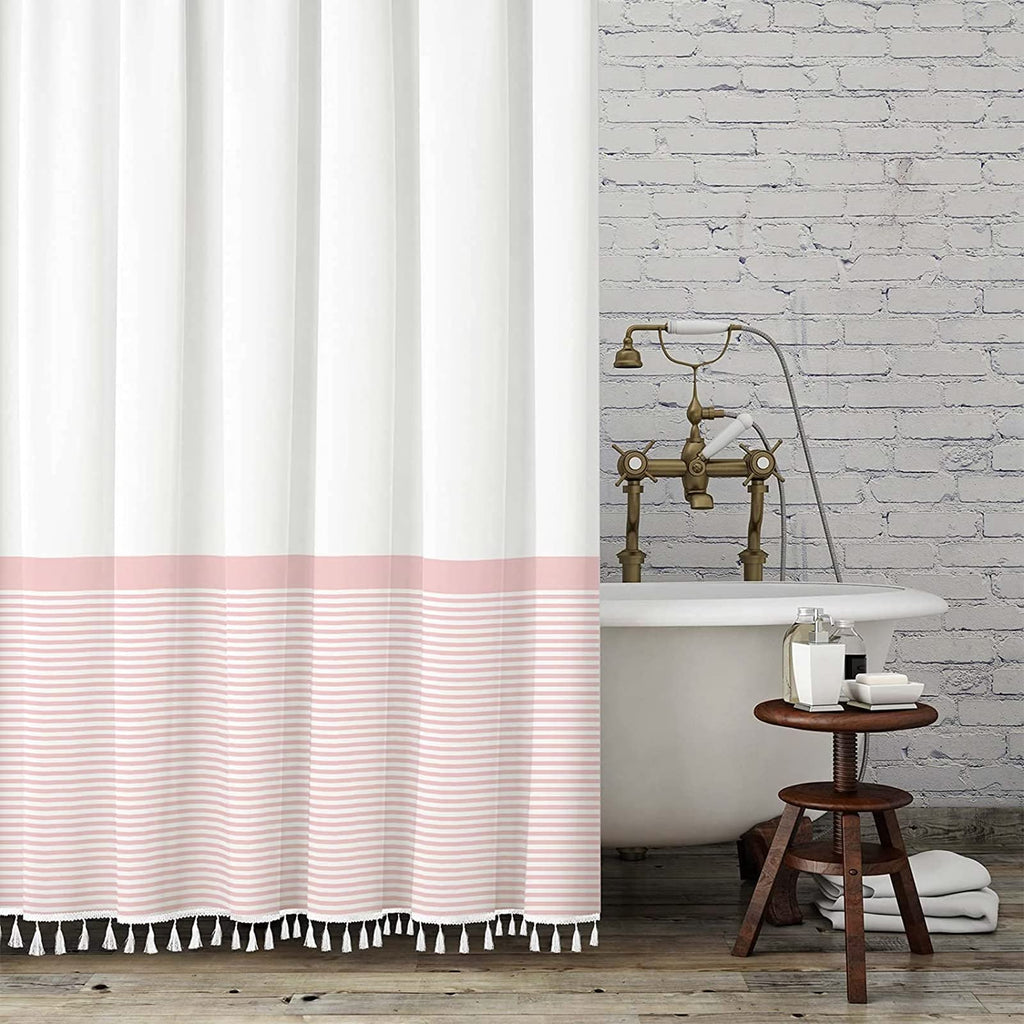 Pink Tassel White Fabric Long Decor, Striped Shower Curtains, 84 Inch Shower Curtains Waterproof 72 x 84