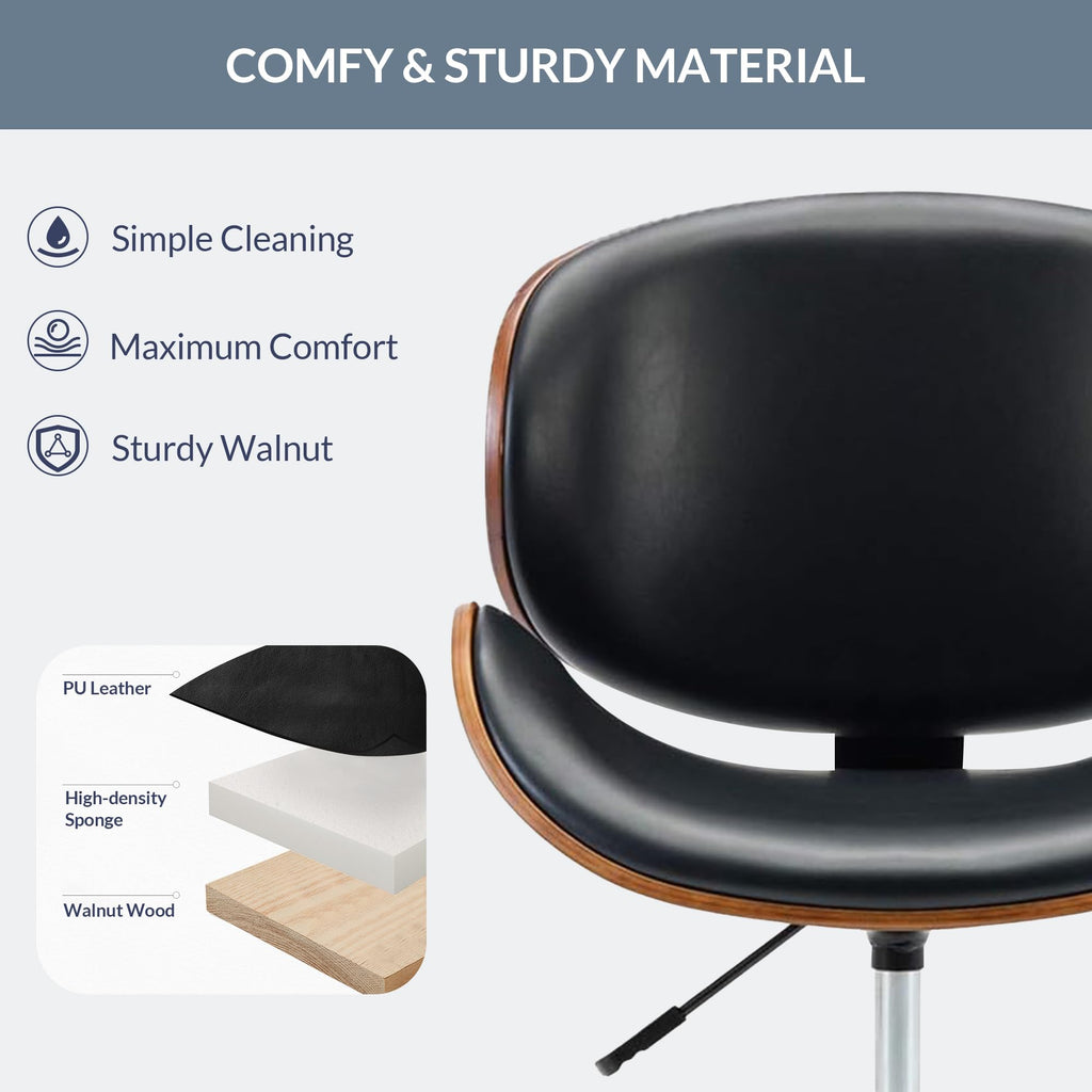 Inspired Eames Style Mid Century Modern Shell Chair, Classic Tripod Design Walnut Plywood Faux Leather Upholstered Lounge Armless Chair