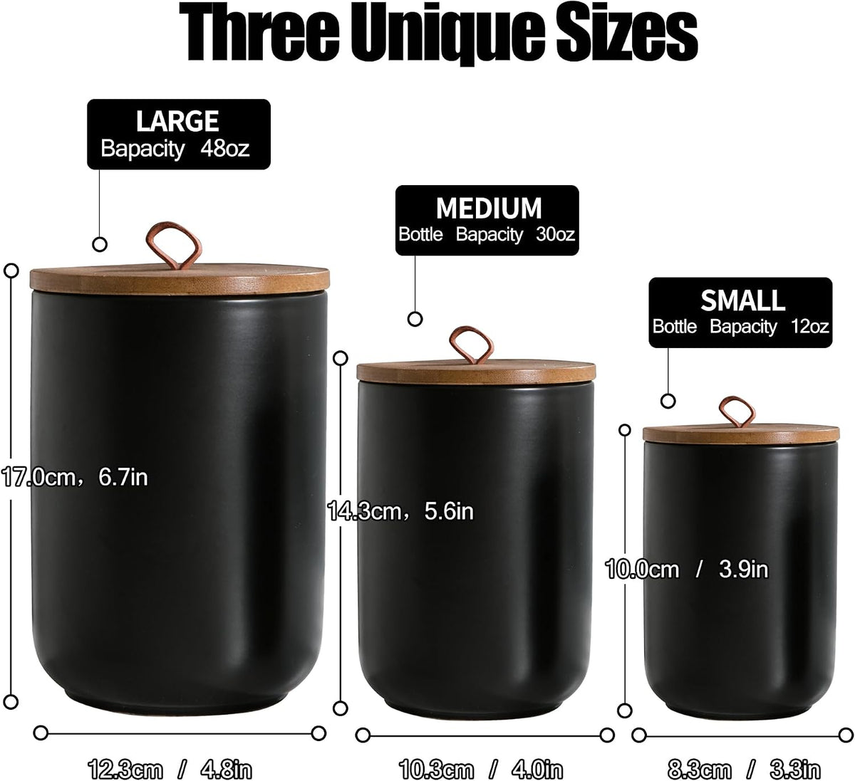 Black Ceramic Canister Set with Wooden Lid, 3-Piece Food Storage Jars Counter, Storage Container for Coffee, Tea - Set of 3
