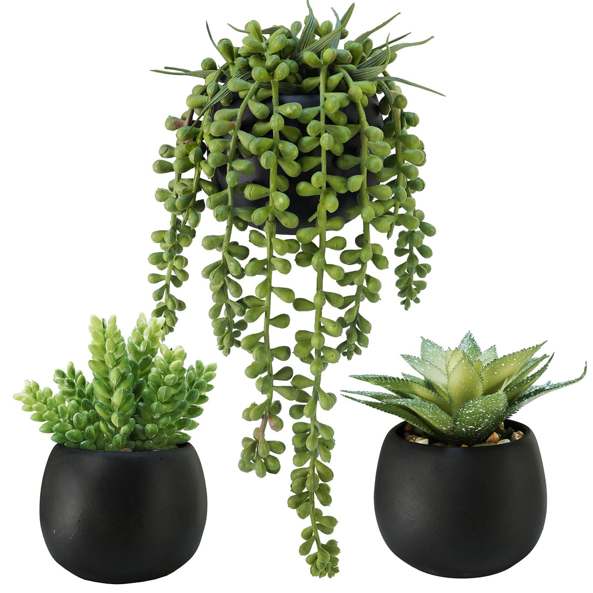 Set of 3 Artificial Succulents Plants in Black Cement Planters Faux Potted Plants Aloe String of Pearls Donkey Tail