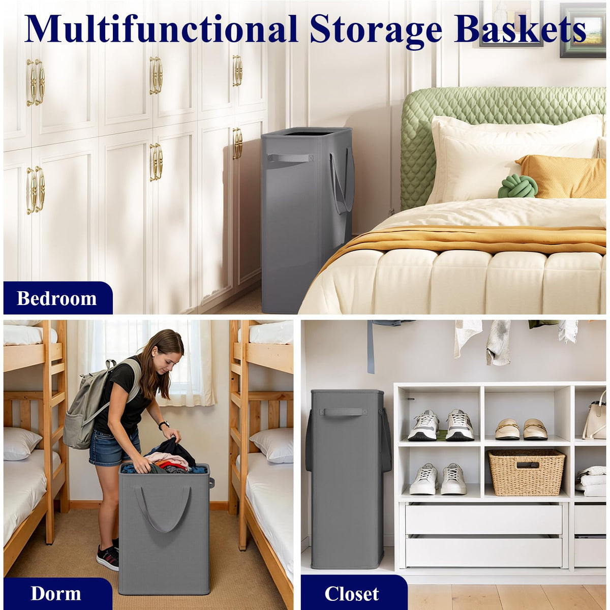 50L Slim Laundry Hamper, Small Laundry Hamper With Handles, Narrow Laundry Basket , Collapsible Laundry Basket, Grey