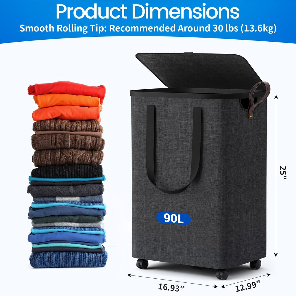Basket with 5 Wheels, Rolling Laundry Hamper, 90L, Deep Gray