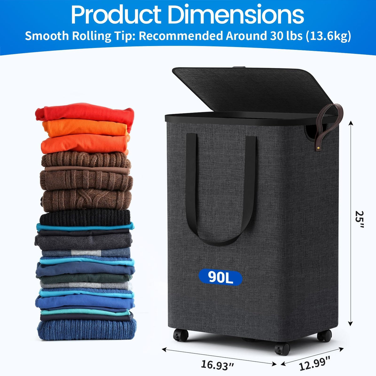 Basket with 5 Wheels, Rolling Laundry Hamper, 90L, Deep Gray