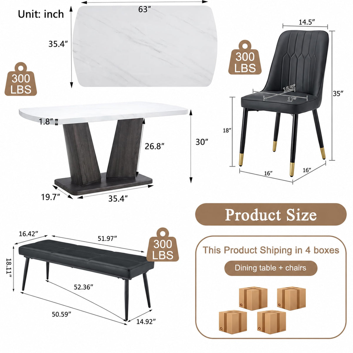 6 Piece Marble Dining Table Set with Bench, Marble Dining Room Table Chairs Bnech Set for 6, 63" Modern Dining Room