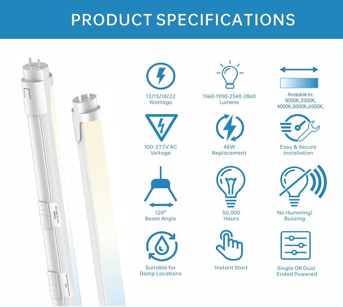 4FT T8 LED Tube Light, Type A+B, 12W/15W/18W/22W, 3000K |3500K|4000K | 5000K | 6500K, Single and Double End Powered