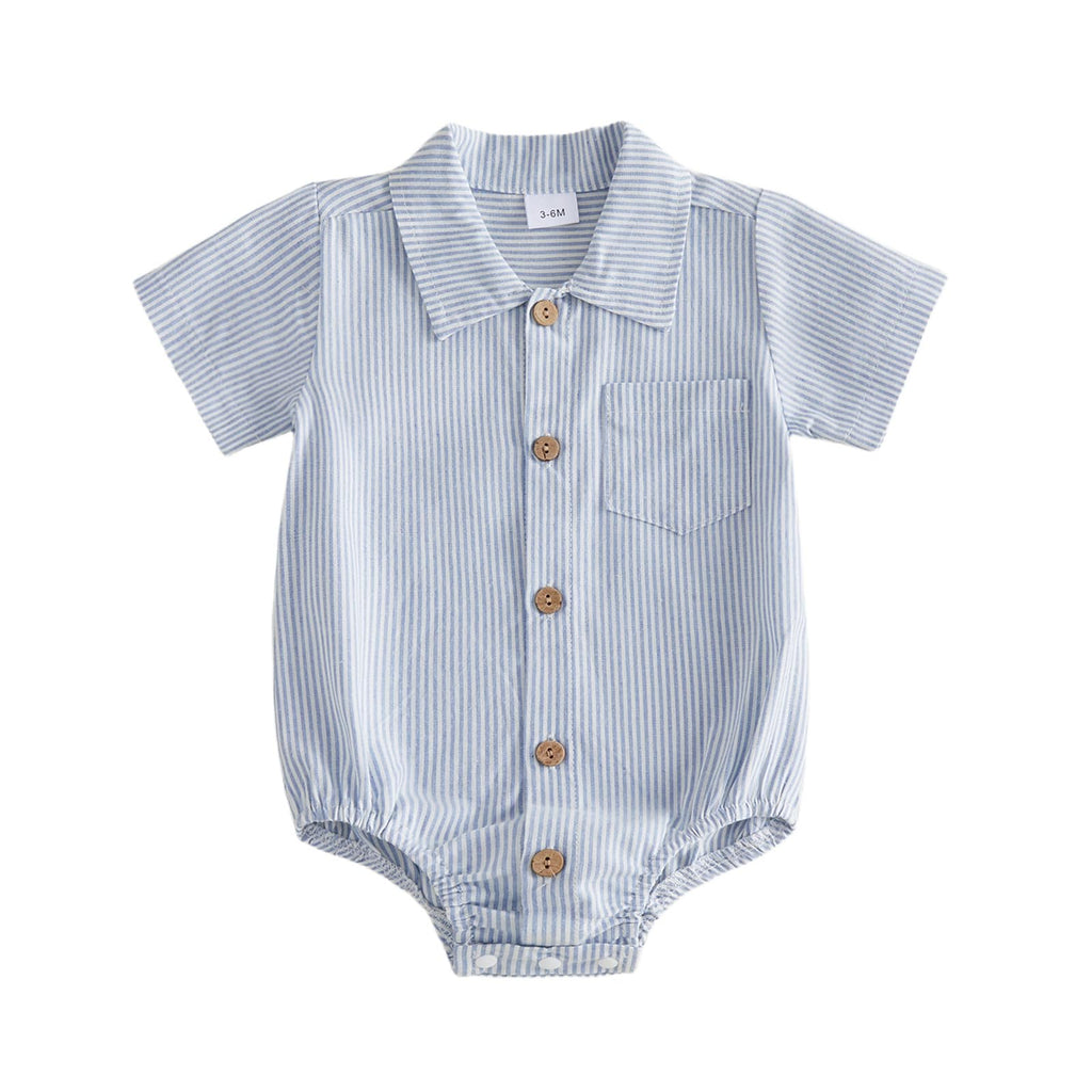 Newborn Baby Boy Clothes Turndown Collar Striped Long/Short Sleeve Romper Button Up Jumpsuit Shirt Bodysuit
