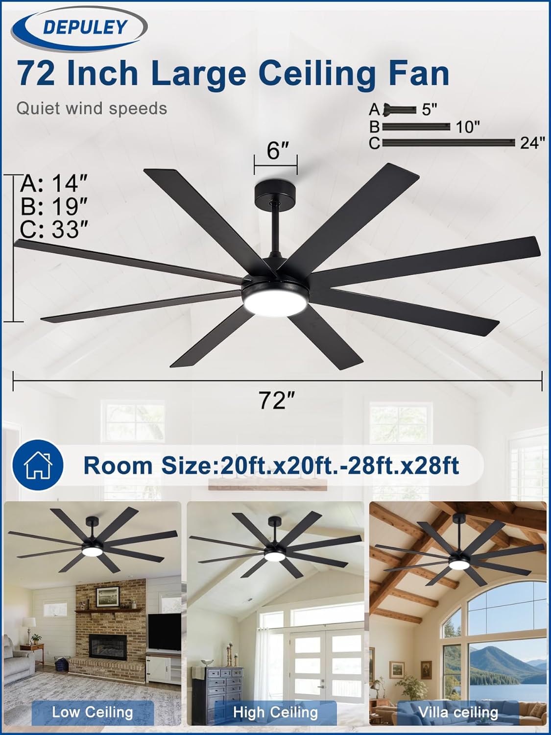 72" Black Indoor/Outdoor Ceiling Fan with Light