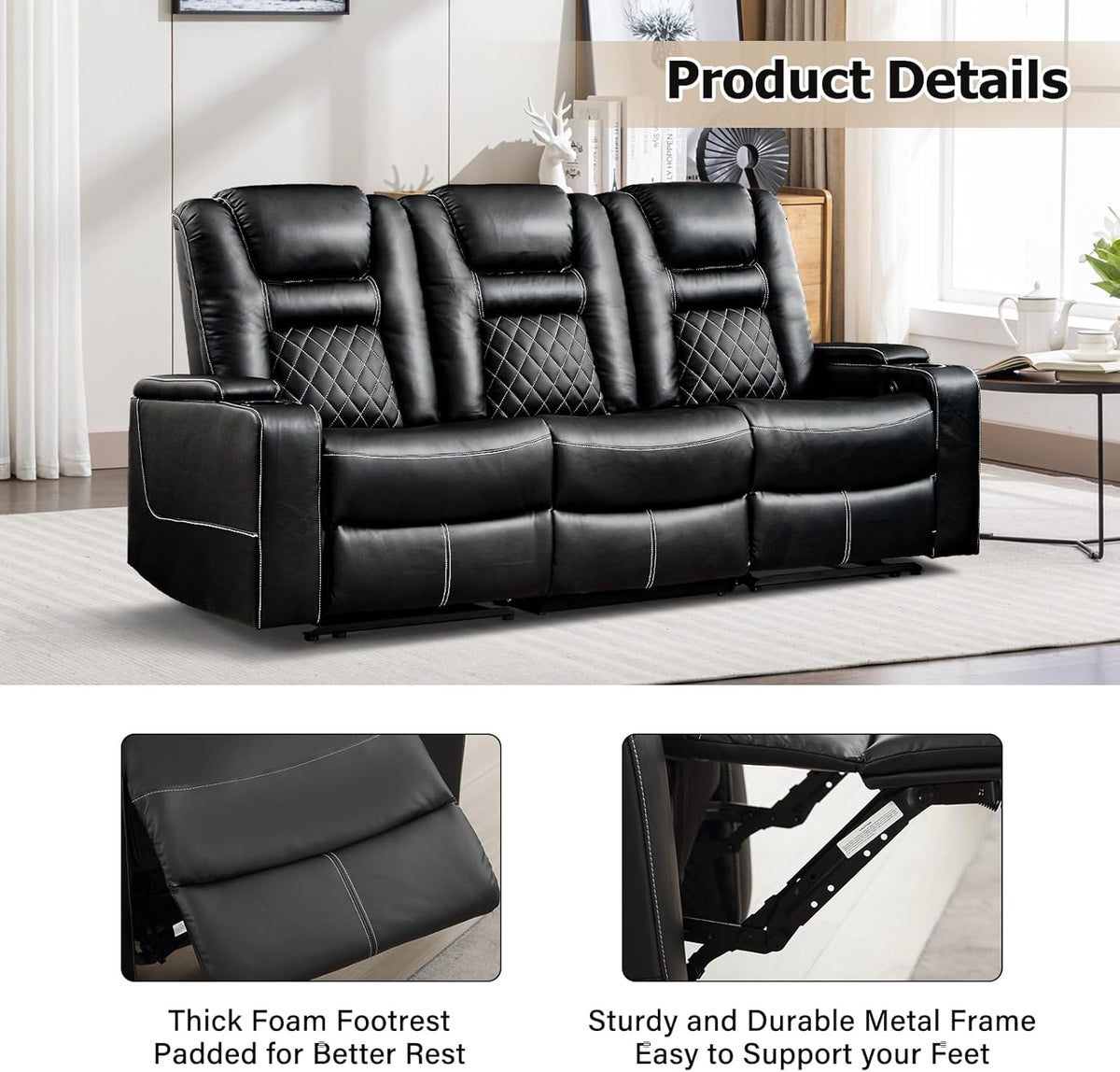 Home Theater Seating Seats, Theater Recliner Chair Sofa, PU Leather 3 seat Power Recliner Sofa with Cup Holders