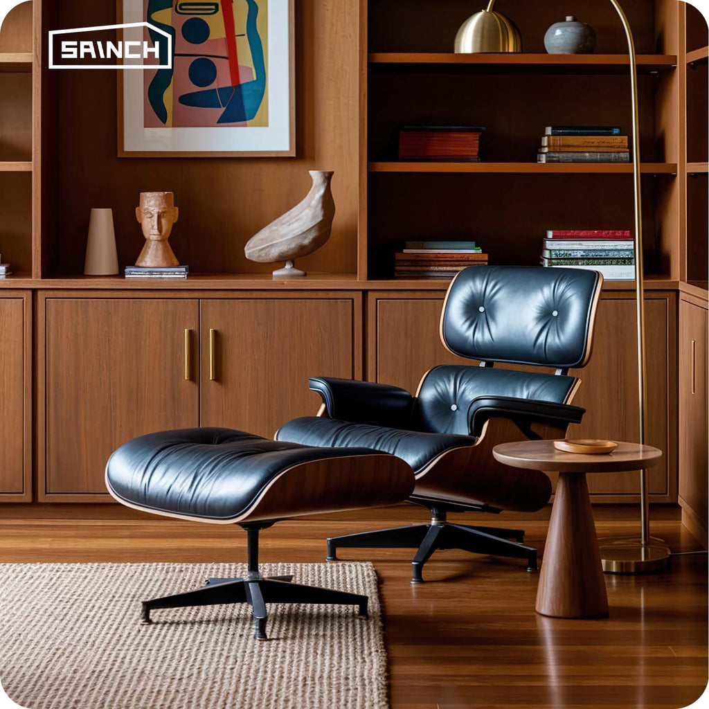Inspired Eames Style Mid Century Modern Top Grain Leather Chaise Lounge Chair & Ottoman