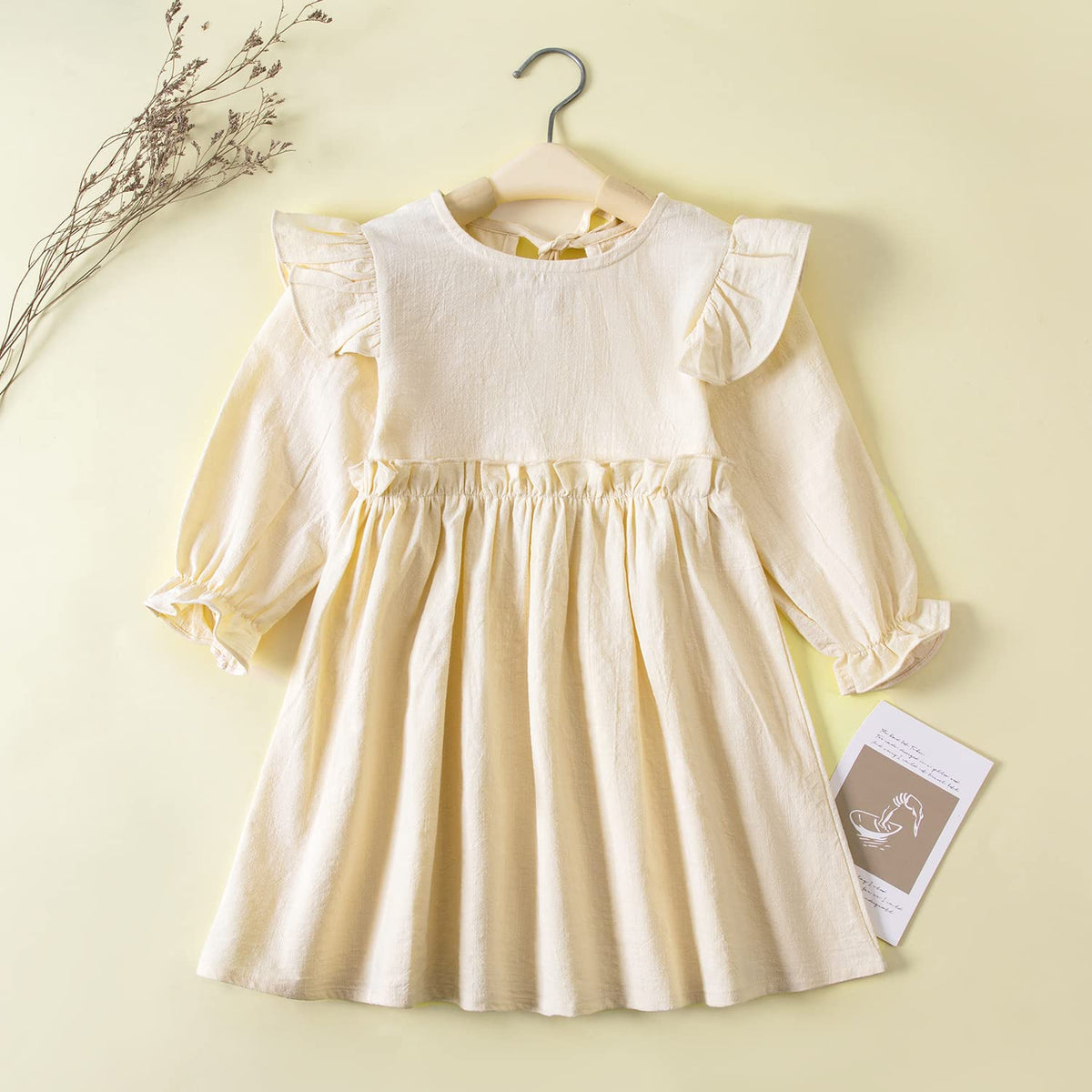 Toddler Girl Cotton Linen Dress Long Sleeve Ruffle Fall Dress Kids Solid Dresses Casual Clothes