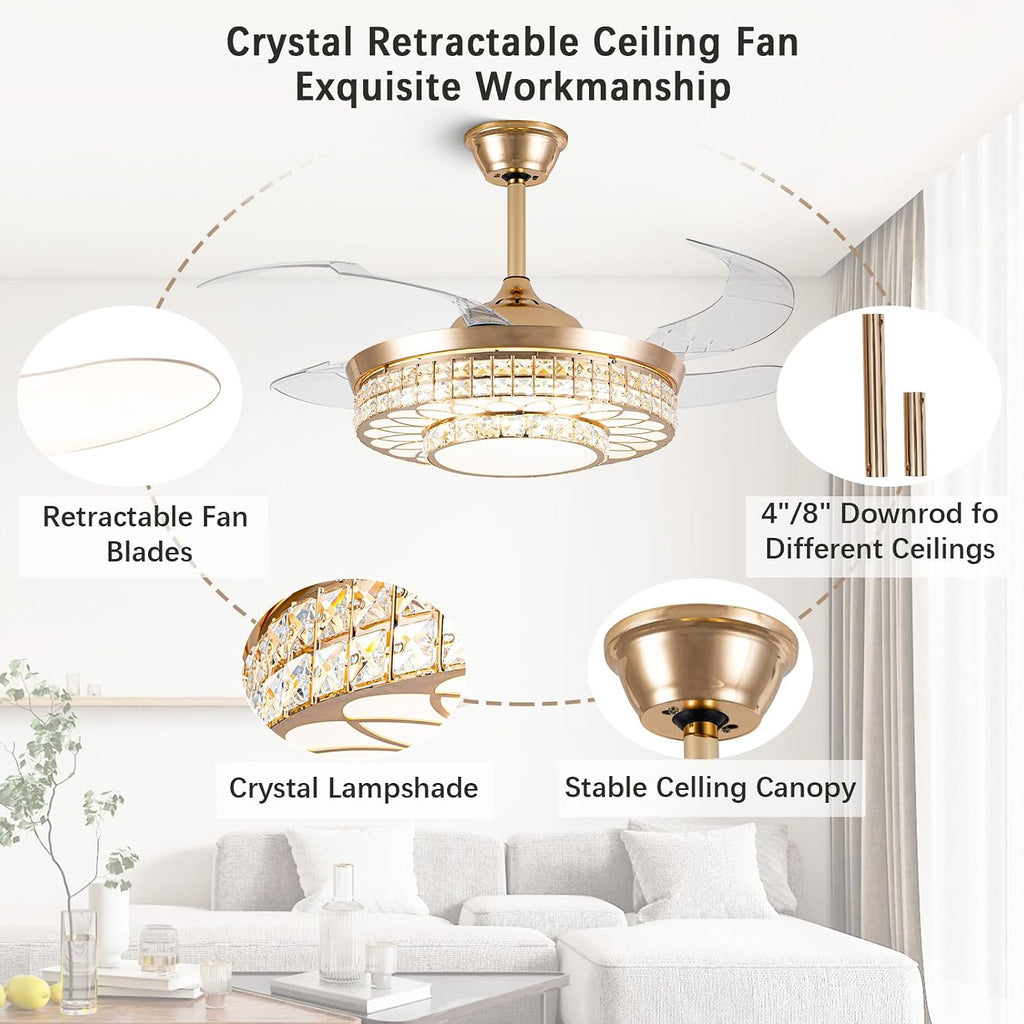 42" Crystal Retractable Ceiling Fan with Light & Remote