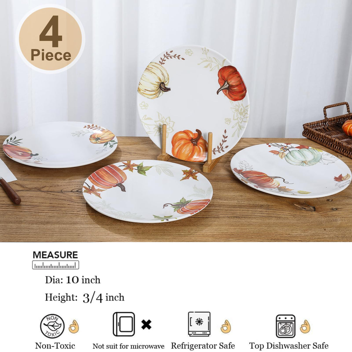 4-Piece Melamine Fall Dinner Plates Set‌ - ‌10 Inch‌ Pumpkin ‌Dishes