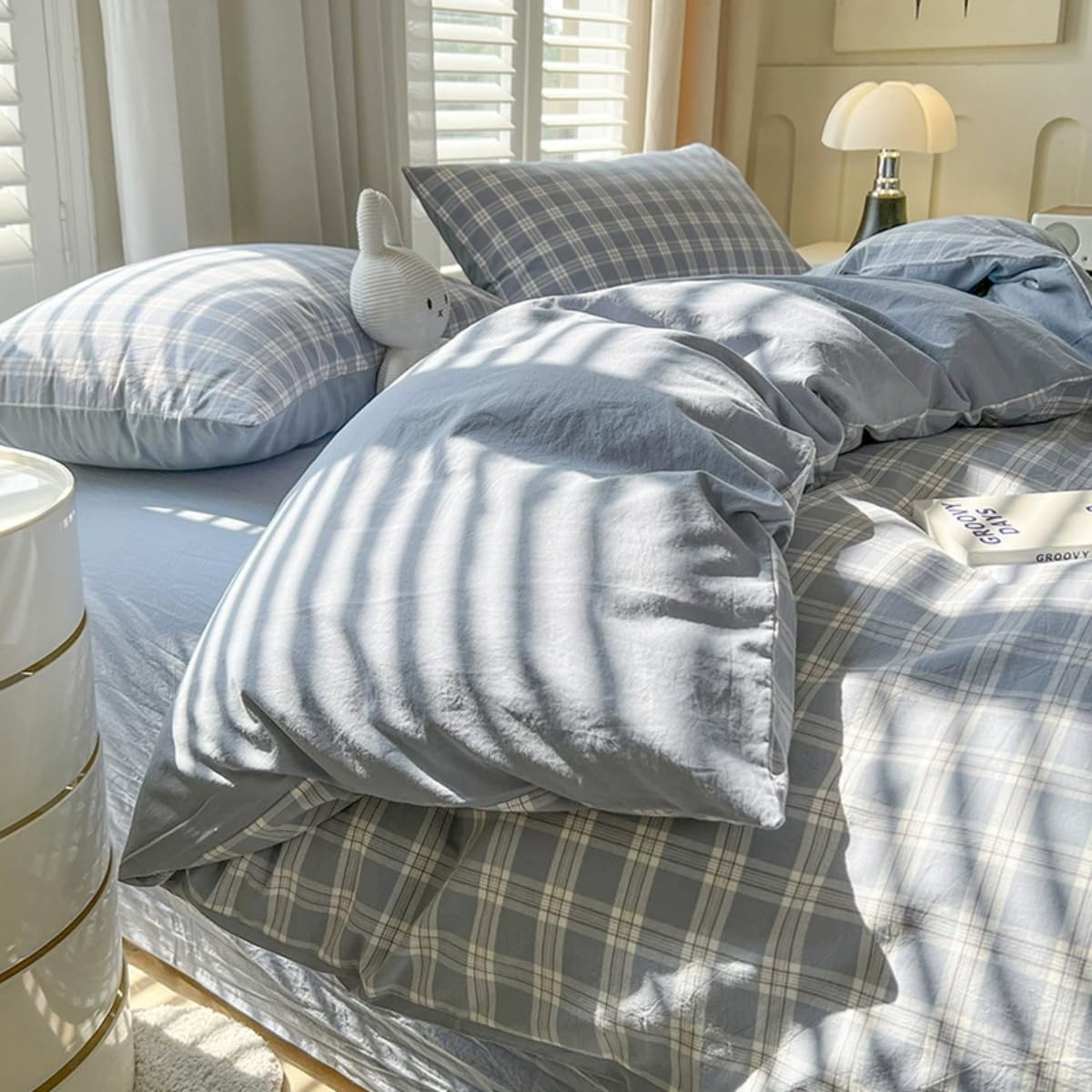 Blue Gingham Comforter Set Reversible Plaid Bedding Set