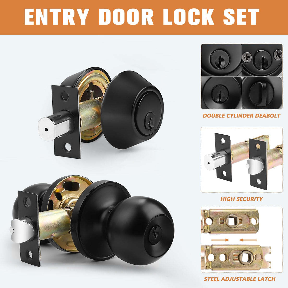 5 Pack Black Entry Door Knob and Double Cylinder Deadbolt Combo Pack, Keyed Alike Lock Set