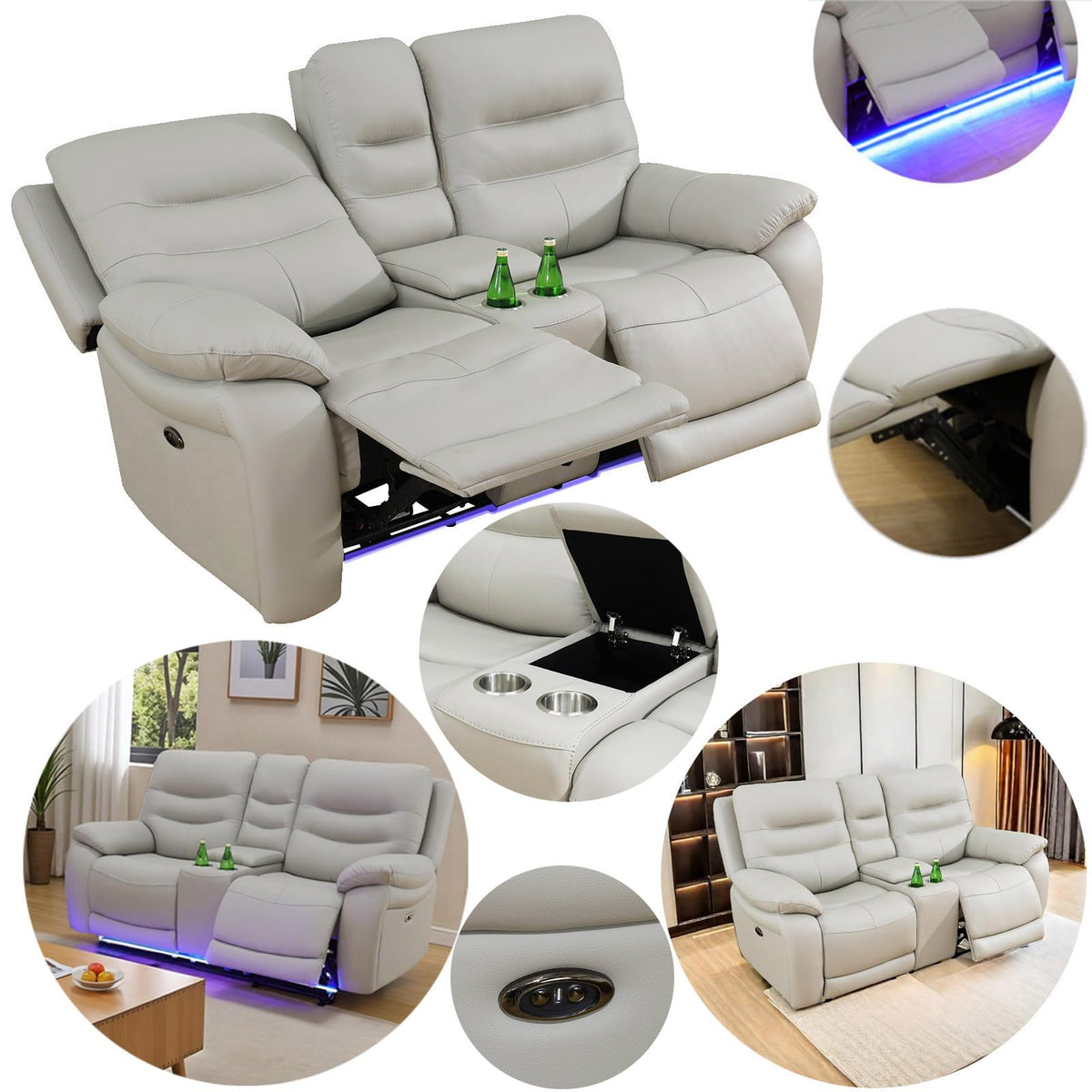Power Reclining Sofa Set, Genuine Leather Recliner Sofa Set, Living Room Furniture Setwith USB Charging and LED