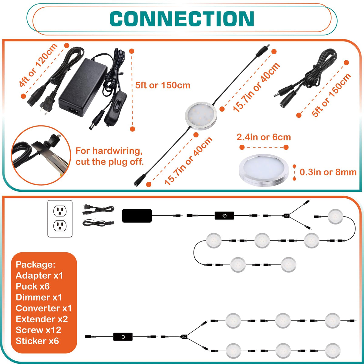 Under Cabinet LED Pucks 120V Hardwired, Touch Dimmer, 6 Lights, Daylight