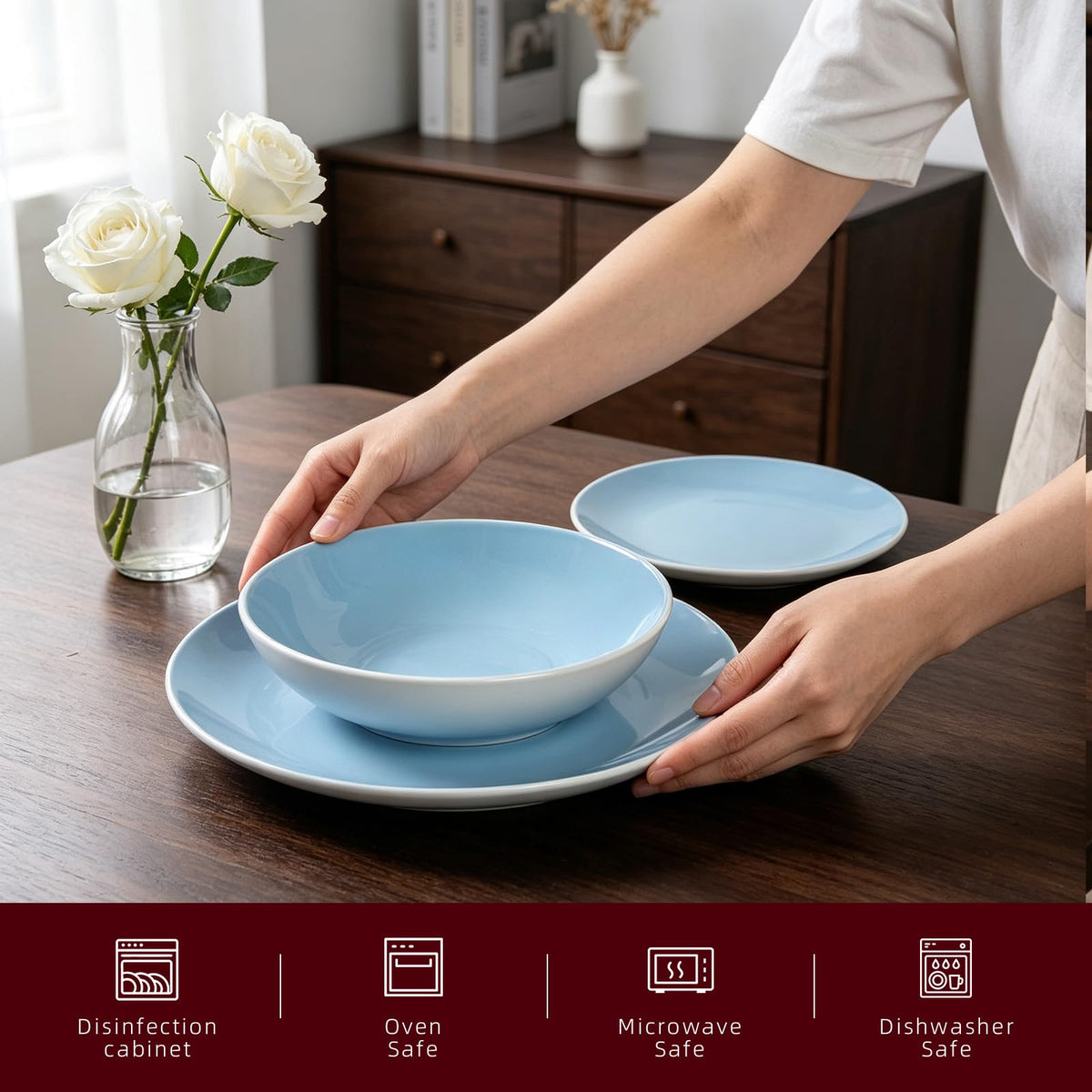 Stoneware Coupe Shape 12pc Dinnerware Set, Outside White + Inside Blue
