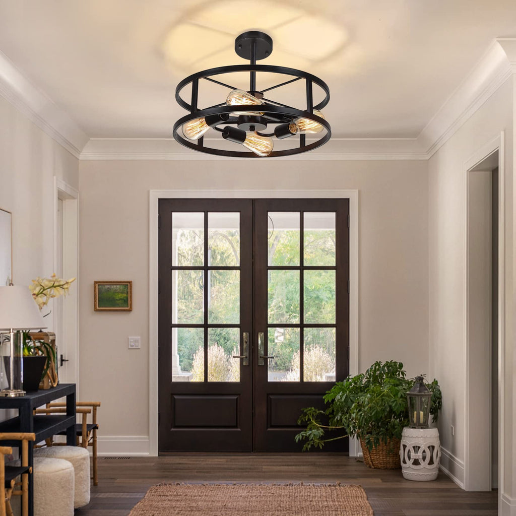 Black Semi Flush Mount Ceiling Light, Industrial Farmhouse Sloped Lights Fixture, Adjustable Height Metal Lighting