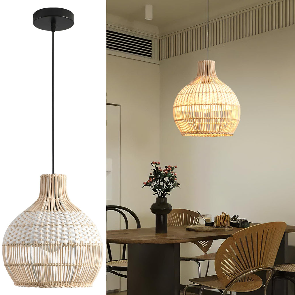 1-Pack Rattan Pendant Light, Mini White Rattan Chandelier