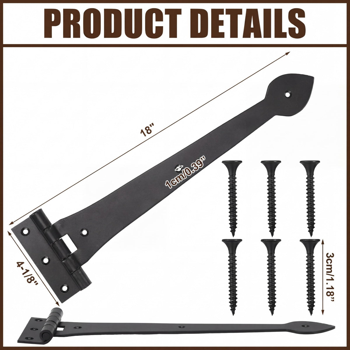 4 Pack 18 Inch Wrought Iron Strap Hinges Heavy Duty Heart Tip Tee, Classic