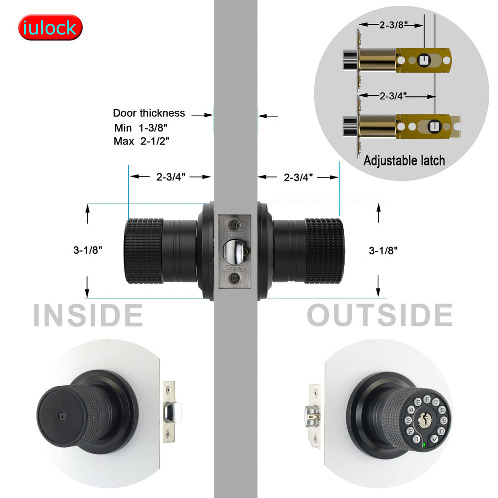Smart Door Knob with Keypad and Key, Keyless Entry Door Lock with Rubber Grip, Auto Lock, 50 User Code, Waterproof, Easy