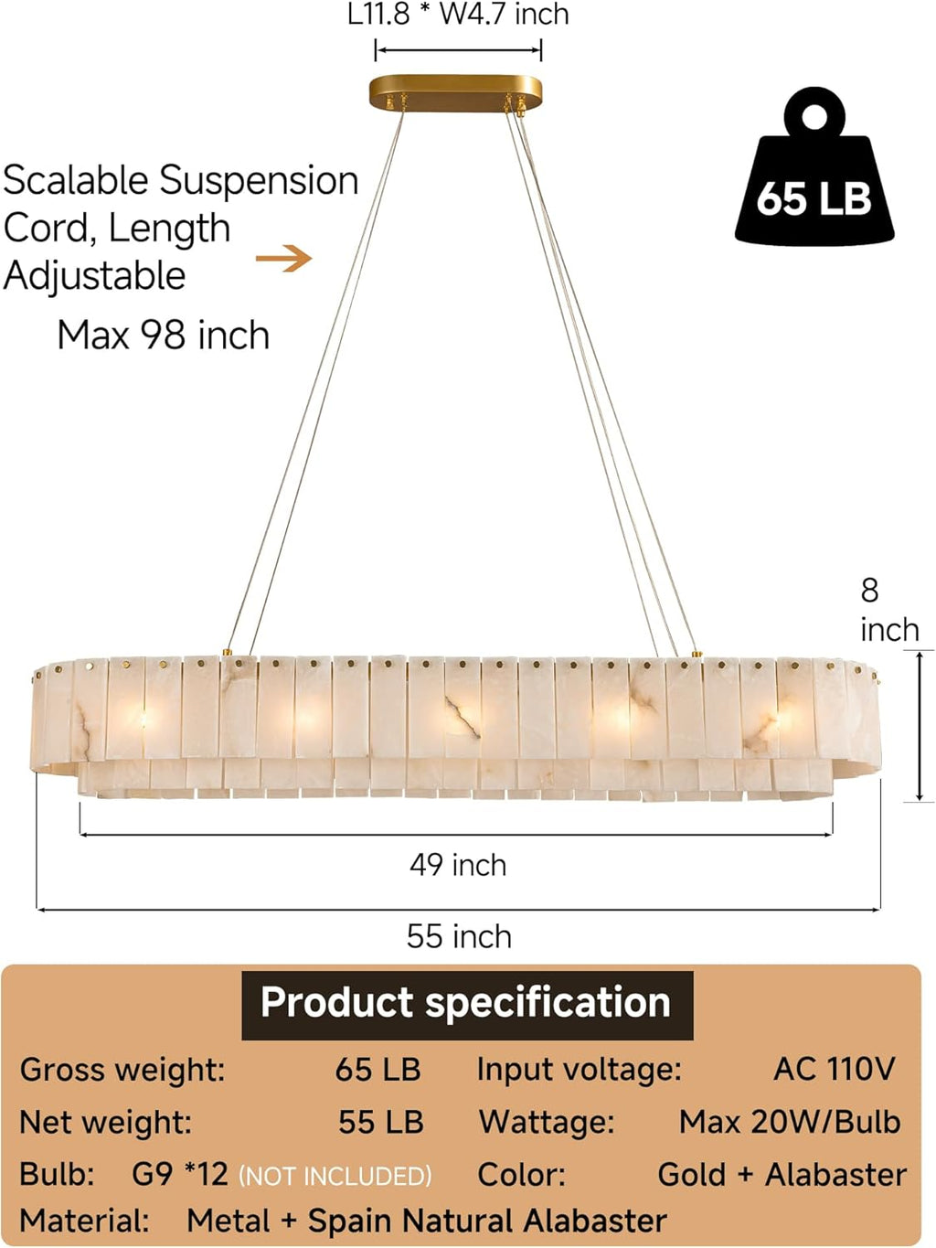 Inspired Alabaster Style Alabaster Chandelier Rectangle,Modern Dining Room Chandeliers,Spanish Marble Pendant Light Fixture for Living Room,Kitchen Island,L55 inchs,12-Lights G9